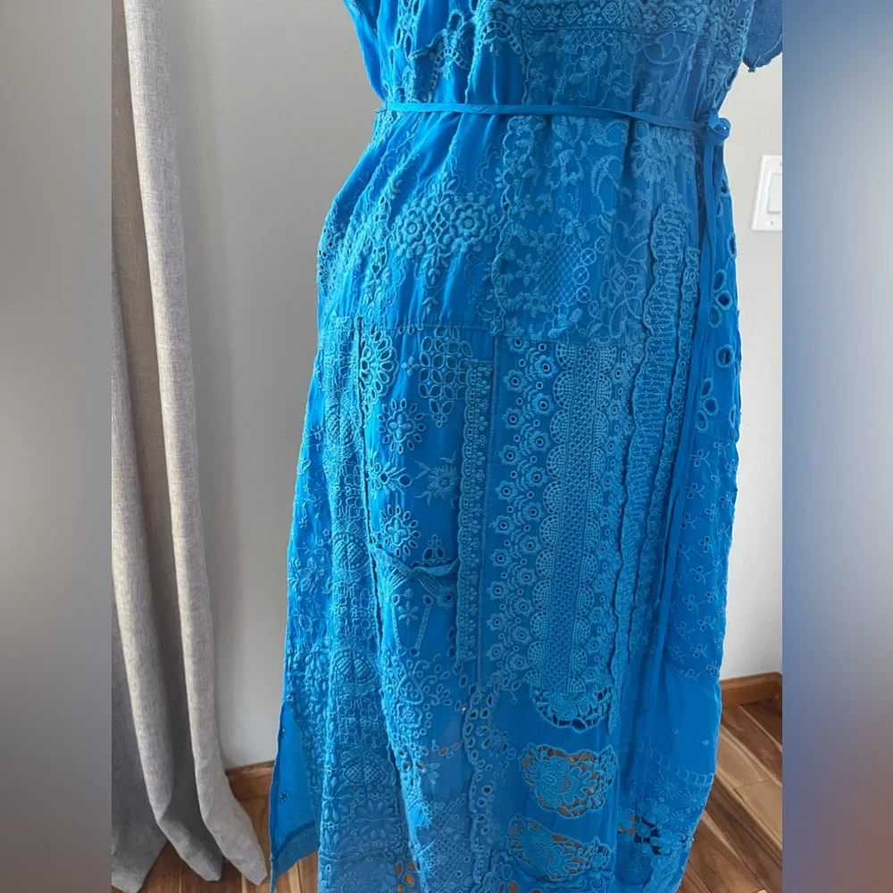 JOHNNY WAS Olympia Eyelet Midi Dress In Ocean Blue Size S - Picture 5 of 14